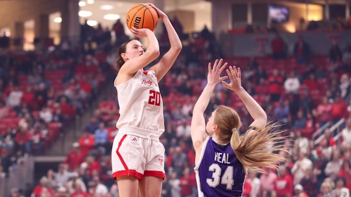 Texas Tech's Bailey Maupin attempts to shoot against Kansas State during a Big 12 Conference women's basketball game, Saturday, Jan. 17, 2026, in United Supermarkets Arena.