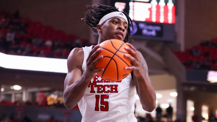 Texas Tech's JT Toppin collects a rebound against Northern Colorado during a non-conference basketball game, Friday, Nov. 29, 2024, at United Supermarkets Arena.