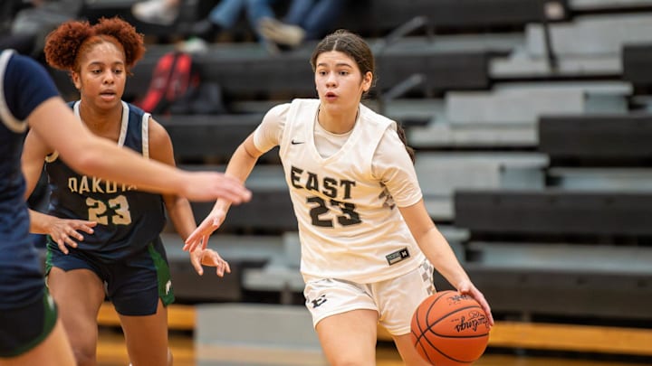 South Lyon East's Mack Reid drives to the basket during a girls basketball game on Wednesday, Jan. 7, 2026.