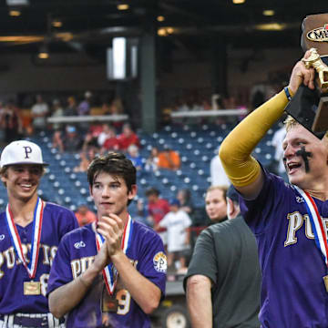 Purvis' Jojo Parker (1) celebrates the team's win after playing West Lauderdale during the MHSAA class 6A baseball championships at Trustmark Park in Pearl, Miss., Friday, June 2, 2023.