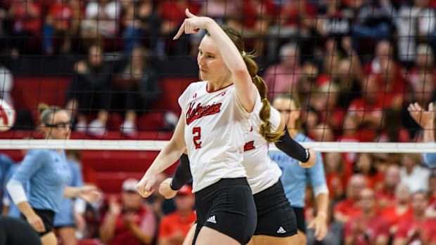 Bergen Reilly celebrates a block. 