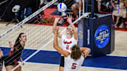 Nebraska setter Bergen Reilly sets Rebekah Allick against Stanford earlier this season. Reilly was named the top player and setter in the Big Ten Conference on Tuesday.