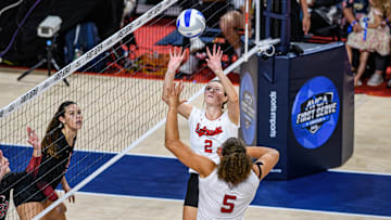 Nebraska setter Bergen Reilly sets Rebekah Allick against Stanford earlier this season. Reilly was named the top player and setter in the Big Ten Conference on Tuesday.