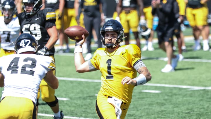 Iowa QB Brendan Sullivan at practice on Aug. 10, 2024 in Iowa City. (Rob Howe/HN) 