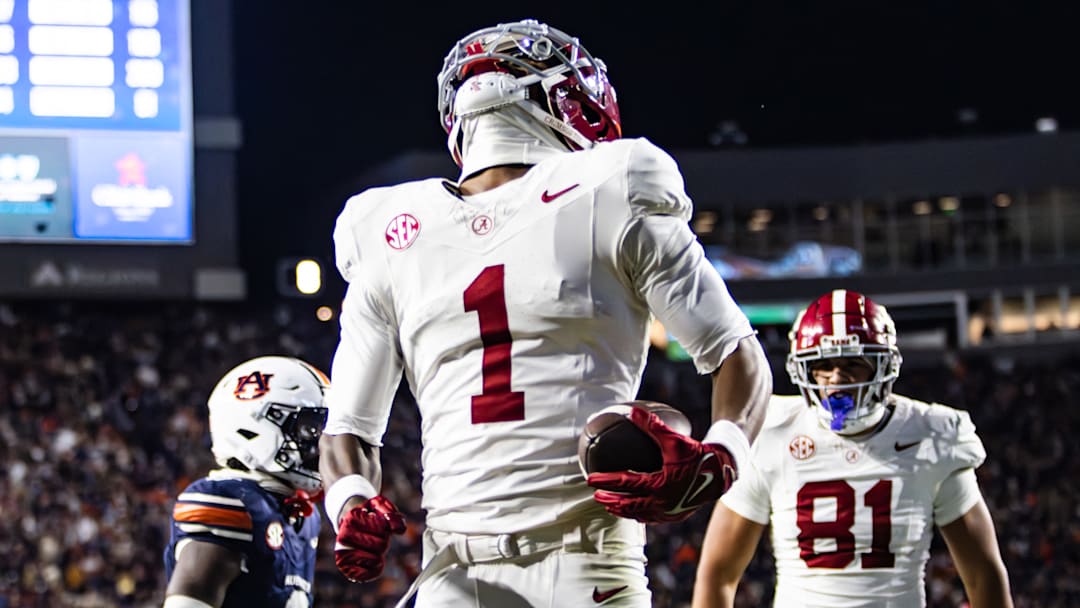 Alabama wide receiver Isaiah Horton celebrates the game winning touchdown in the second half of the Iron Bowl on November 29, 2025.