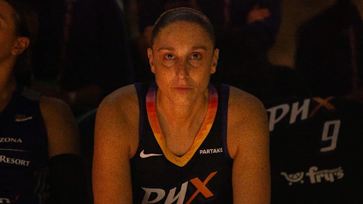 Phoenix Mercury guard Diana Taurasi (3) waits to be introduced on Sept. 19, 2024, at Footprint Center in Phoenix.