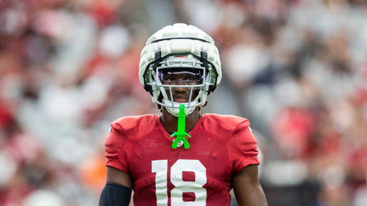 Arizona Cardinals wide receiver Marvin Harrison Jr. (18) at training camp on Aug. 3, 2024 at State Farm Stadium in Glendale.