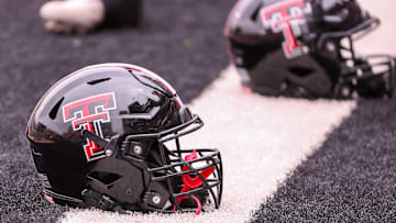 A Texas Tech helmet is seen before the the Texas Tech football team's spring game, Saturday, April 19, 2025, at Jones AT&T Stadium.