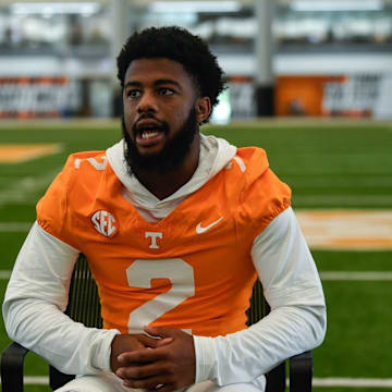University of Tennessee DB Andre Turrentine (2) speaks to the press on media day at the campus in Knoxville, Tuesday, July 30, 2024.
