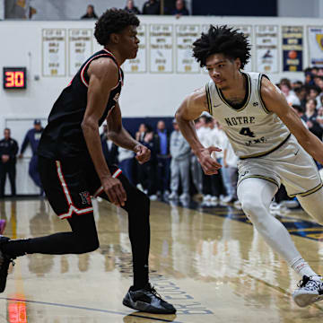 Notre Dame's Tyran Stokes (left) drives against Harvard-Westlake's Isaiah Carroll in Mission League showdown on Friday, Jan. 24, 2025.