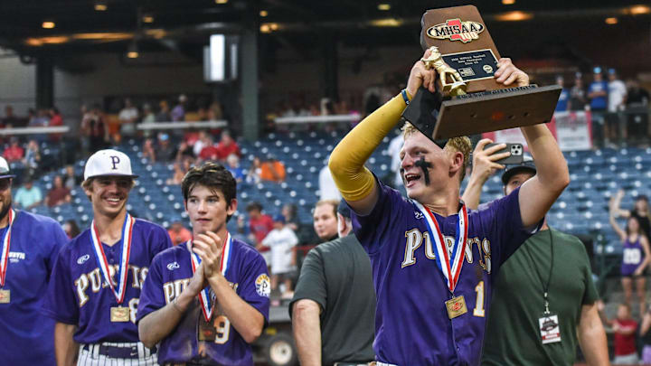 Purvis' Jojo Parker (1) celebrates the team's win after playing West Lauderdale during the MHSAA class 6A baseball championships at Trustmark Park in Pearl, Miss., Friday, June 2, 2023.
