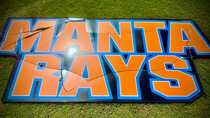 Lemon Bay High School's football stadium scoreboard was damaged from Hurricane Milton 