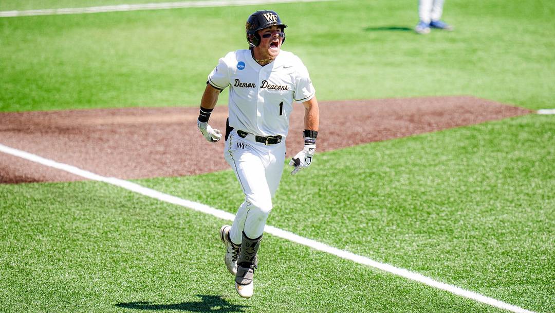 Wake Forest Third Baseman Dalton Wentz celebrates after hitting the game tying home run in the bottom of the 8th inning in the Morgantown Regional game against Kentucky. Wake Forest Third Baseman Dalton Wentz celebrates after hitting the game tying home run in the bottom of the 8th inning in the Morgantown Regional game against Kentucky.