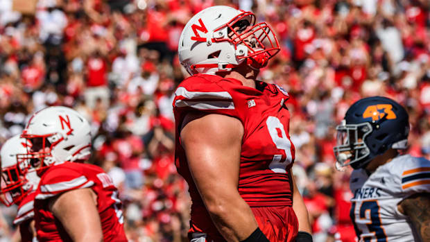 Ty Robinson celebrates a tackle for loss. 