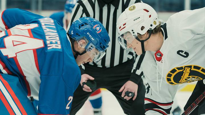Hudson Williams as Shane Hollander and Connor Storrie as Ilya Rozanov in Heated Rivalry