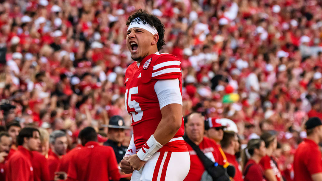 Quarterback Dylan Raiola shouts toward the Memorial Stadium crowd before kickoff against Colorado. 