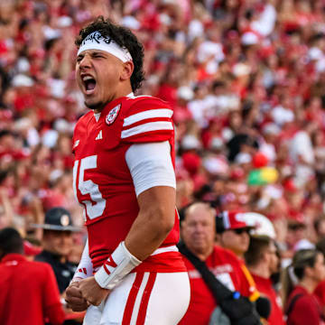 Quarterback Dylan Raiola shouts toward the Memorial Stadium crowd before kickoff against Colorado. 