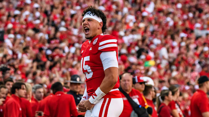 Quarterback Dylan Raiola shouts toward the Memorial Stadium crowd before kickoff against Colorado. 