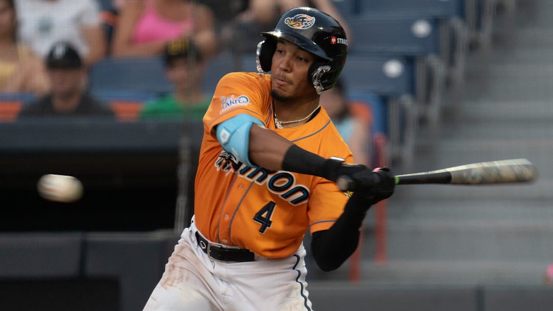 Angel Genao at bat. Akron Rubber Ducks host Richmond Flying Squirrels on July 9 at Canal Park.
