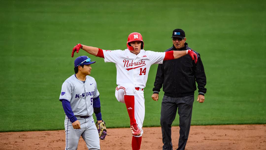 Case Sanderson celebrates a double in the third inning against Kansas State.