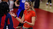 Former Husker and Omaha Supernova, Ally Batenhorst, laughs while being introduced to the crowd. 