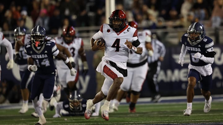 San Diego State Aztecs quarterback Jayden Denegal (4). San Diego State Aztecs quarterback Jayden Denegal (4).
