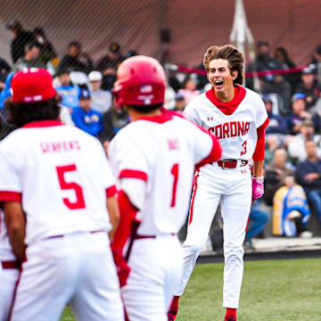 Corona High's Billy Carlson (3) celebrates after rounding the bases from a home run against La Mirada in the Boras Classic final.