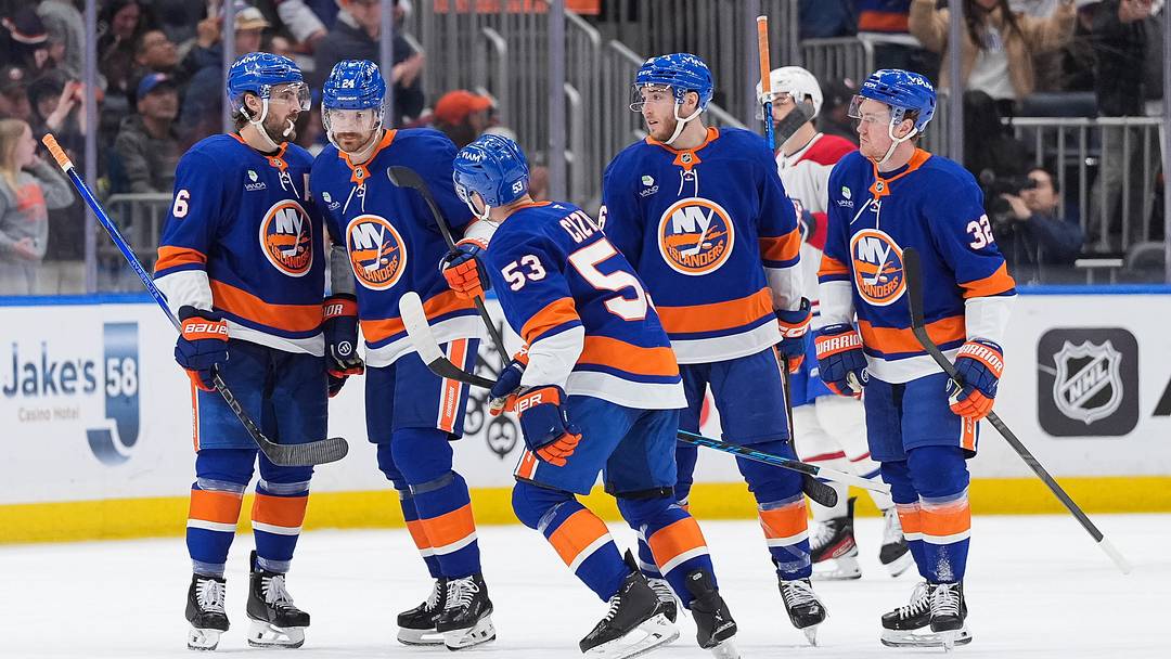 Apr 12, 2026; Elmont, New York, USA; New York Islanders center Casey Cizikas (53) celebrates a goal with defenseman Ryan Pulock (6), defenseman Scott Mayfield (24), center Marc Gatcomb (16) and center Kyle MacLean (32) against the Montreal Canadiens in the third period at UBS Arena. Mandatory Credit: Alexander Wohl-Imagn Images Apr 12, 2026; Elmont, New York, USA; New York Islanders center Casey Cizikas (53) celebrates a goal with defenseman Ryan Pulock (6), defenseman Scott Mayfield (24), center Marc Gatcomb (16) and center Kyle MacLean (32) against the Montreal Canadiens in the third period at UBS Arena. Mandatory Credit: Alexander Wohl-Imagn Images