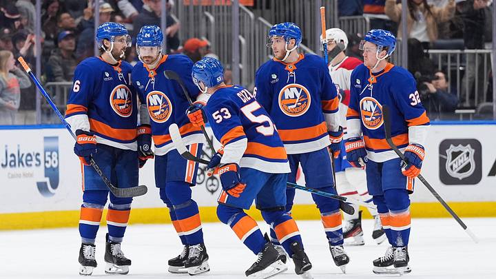 Apr 12, 2026; Elmont, New York, USA; New York Islanders center Casey Cizikas (53) celebrates a goal with defenseman Ryan Pulock (6), defenseman Scott Mayfield (24), center Marc Gatcomb (16) and center Kyle MacLean (32) against the Montreal Canadiens in the third period at UBS Arena. Mandatory Credit: Alexander Wohl-Imagn Images Apr 12, 2026; Elmont, New York, USA; New York Islanders center Casey Cizikas (53) celebrates a goal with defenseman Ryan Pulock (6), defenseman Scott Mayfield (24), center Marc Gatcomb (16) and center Kyle MacLean (32) against the Montreal Canadiens in the third period at UBS Arena. Mandatory Credit: Alexander Wohl-Imagn Images