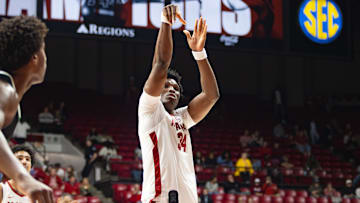 Alabama center Collins Onyejiaka sinks a free throw in the second half of the game against North Dakota on November 3, 2025.