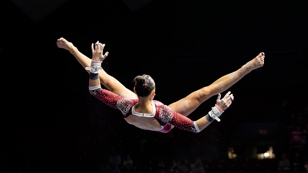 Alabama's Gabby Gladieux performs her uneven bars routine in the meet against Kentucky on Mar. 6, 2026.