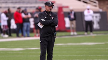 Head coach Joey McGuire looks on during the Texas Tech football team's spring game, Saturday, April 19, 2025, at Jones AT&T Stadium.