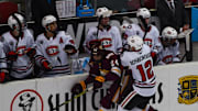 St. Cloud State hockey sophomore Ryan Rosborough hits Duluth forward Kyle Bettens on Nov. 18 in the second game of a series sweep against the Bulldogs in the Herb Brooks National Hockey Center.