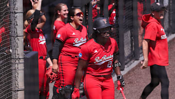 Texas Tech players and coaches react to Alana Johnson's 17-pitch at-bat against Mississippi State in the Lubbock Regional championship game of the 2025 NCAA softball tournament, Sunday, May 18, 2025, at Rocky Johnson Field.