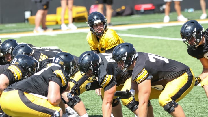 Iowa' QB Cade McNamara calls out the play at practice on Aug. 10, 2024 in Iowa City. (Rob Howe/HN) 