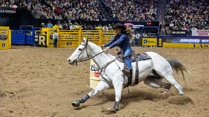 Kassie Mowry competing at the 2023 Wrangler National Finals Rodeo