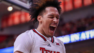 Texas Tech's Darrion Williams reacts to a made shot against DePaul during a Big 12-Big East Battle basketball game, Wednesday, Dec. 4, 2024, in United Supermarkets Arena.