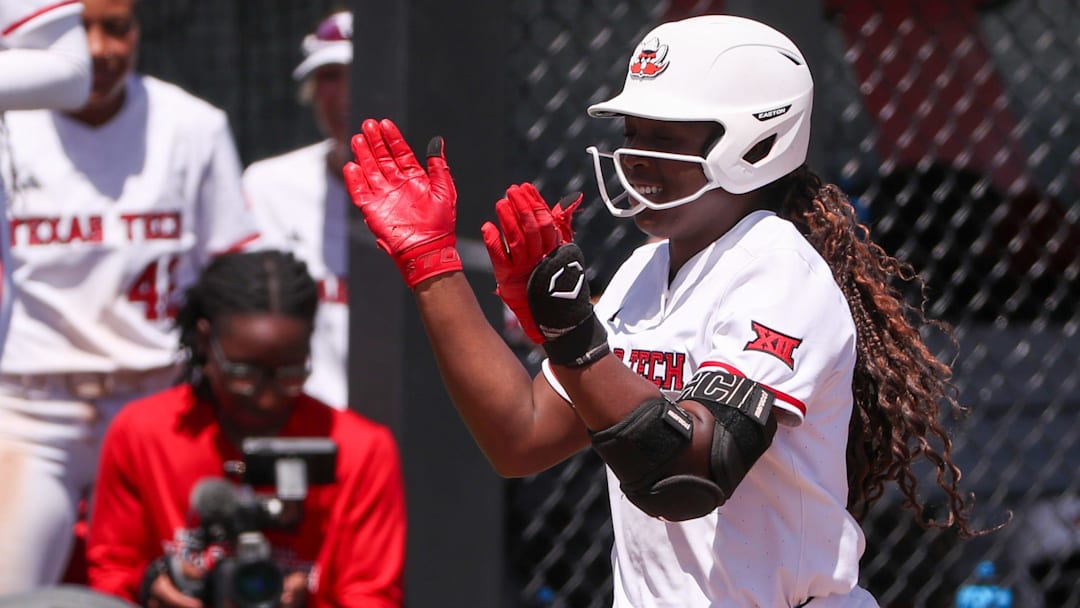 Texas Tech's NiJaree Canady reacts to her home run against Mississippi State during a game in the Lubbock Regional of the 2025 NCAA softball tournament, Saturday, May 17, 2025, at Rocky Johnson Field.