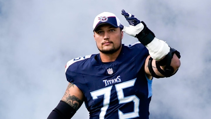 Tennessee Titans offensive tackle Dillon Radunz (75) heads to the field before a game against the Indianapolis Colts at Nissan Stadium in Nashville, Tenn., Sunday, Dec. 3, 2023.