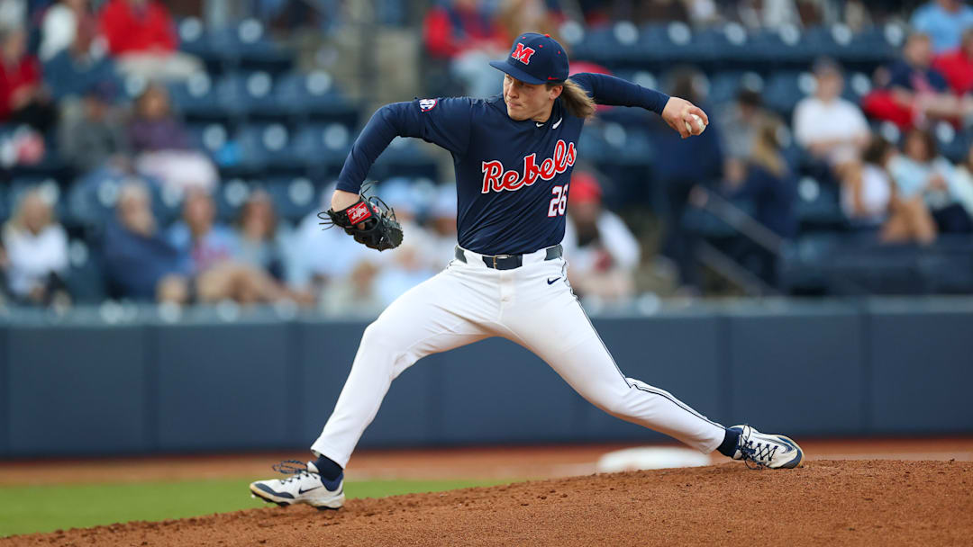 Ole Miss LHP Hunter Elliott throws a pitch against Wright State on Feb. 28, 2025 at Swayze Field in Oxford, Miss. Ole Miss LHP Hunter Elliott throws a pitch against Wright State on Feb. 28, 2025 at Swayze Field in Oxford, Miss.