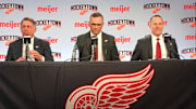 From left: Ken Holland, Steve Yzerman and Christopher Ilitch at Little Caesars Arena in Detroit on April 19, 2019.

Wings Conference2
