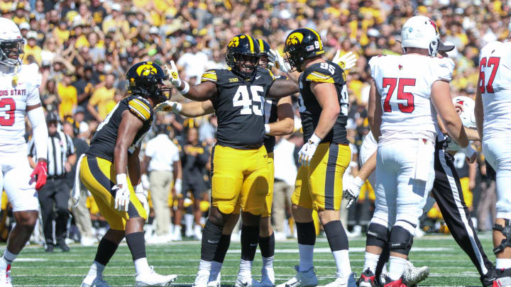 Iowa's Deontae Craig (45) celebrates a sack with teammate Aaron Graves (95). (Photo: Rob Howe/HN) 