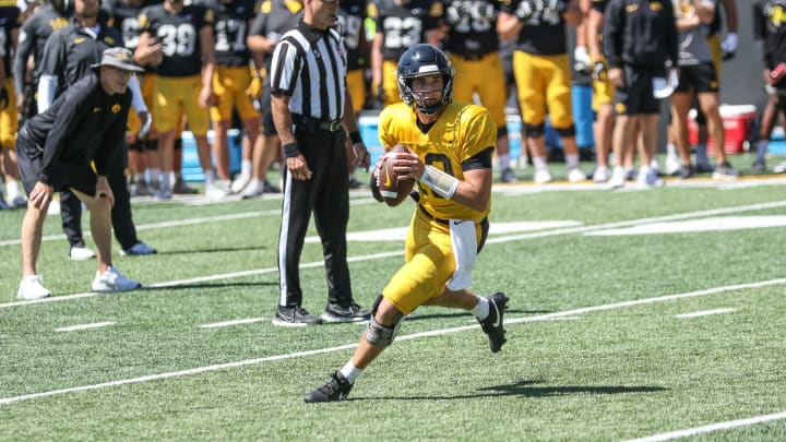 Iowa QB Cade McNamara at practice on Aug. 10, 2024 in Iowa City. (Rob Howe/HN) 