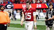 Alabama quarterback Ty Simpson walks off the field after the SEC Championship loss on Dec. 6, 2025.