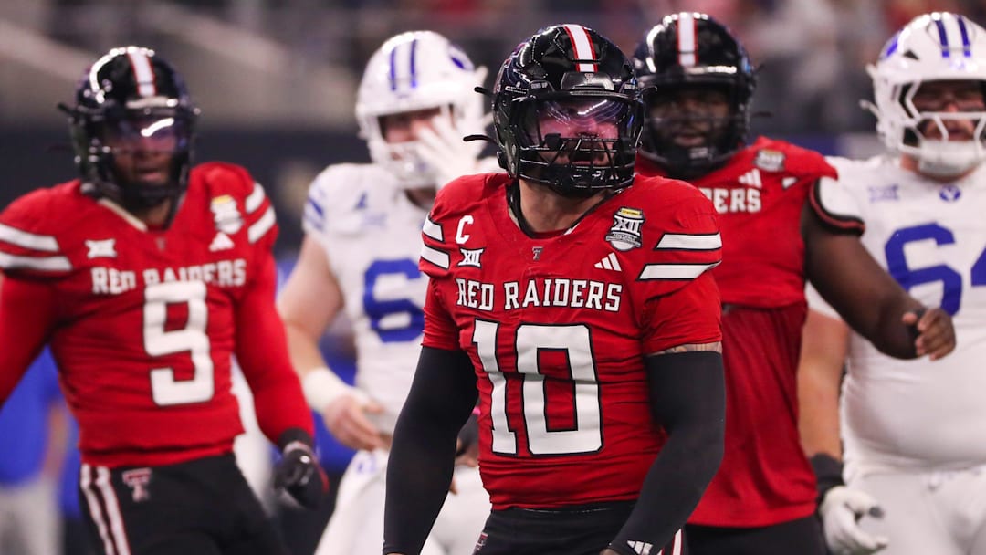 Texas Tech's Jacob Rodriguez gets up after making a tackle against BYU during the Big 12 Conference championship football game in Arlington, Texas.