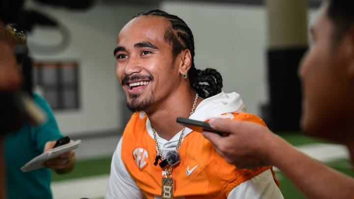 University of Tennessee QB Nico Iamaleava (8) speaks to the press on media day at the campus in Knoxville, Tuesday, July 30, 2024.