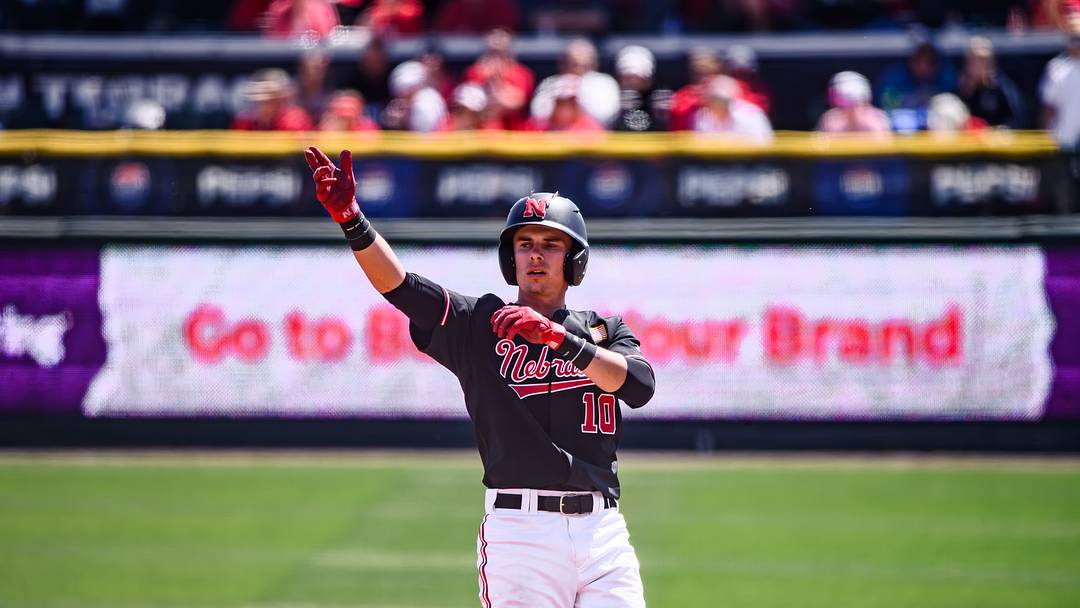 Drew Grego points to the dugout after a single. 