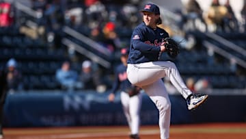 Ole Miss LHP Hunter Elliott throws a pitch against Eastern Kentucky at Swayze Field on Feb. 21, 2025.