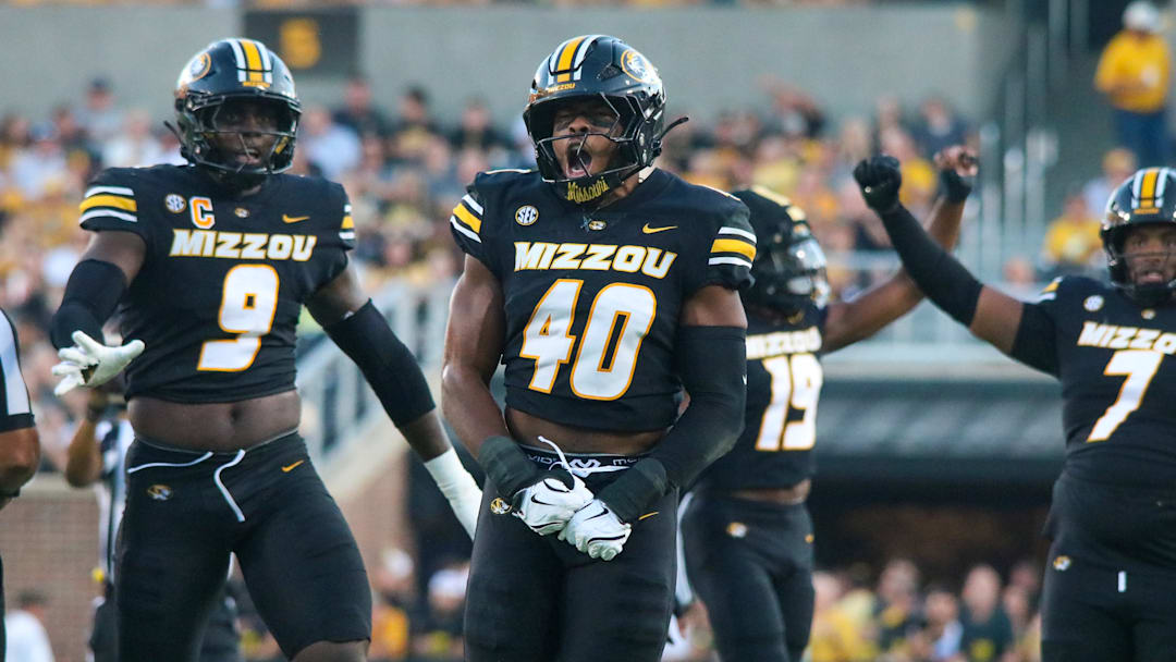 Aug 28, 2025; Columbia, MO, USA; Missouri Tigers linebacker Josiah Trotter (40) celebrates a tackle against Central Arkansas. In his first game at Mizzou, Trotter completes eight tackles on the night, including one tackle resulting in a loss of two yards.