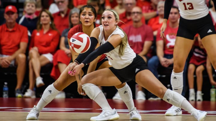 Nebraska volleyball defensive specialist Laney Choboy passes the ball after an incoming serve.